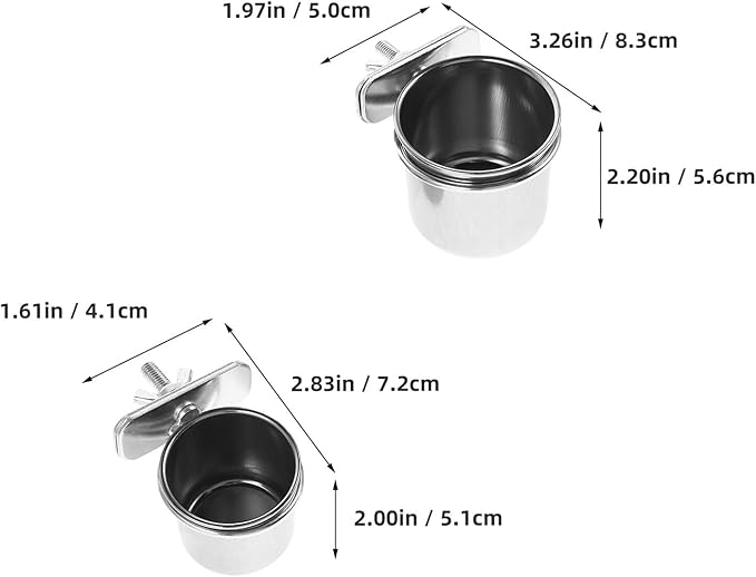 Toyvian 2pcs Stainless Steel Bird Feeding Cage Cups with Clamp Holder, 4.4cm and 5.5cm Parrot Food and Water Bowls for Small Birds Cage Accessories