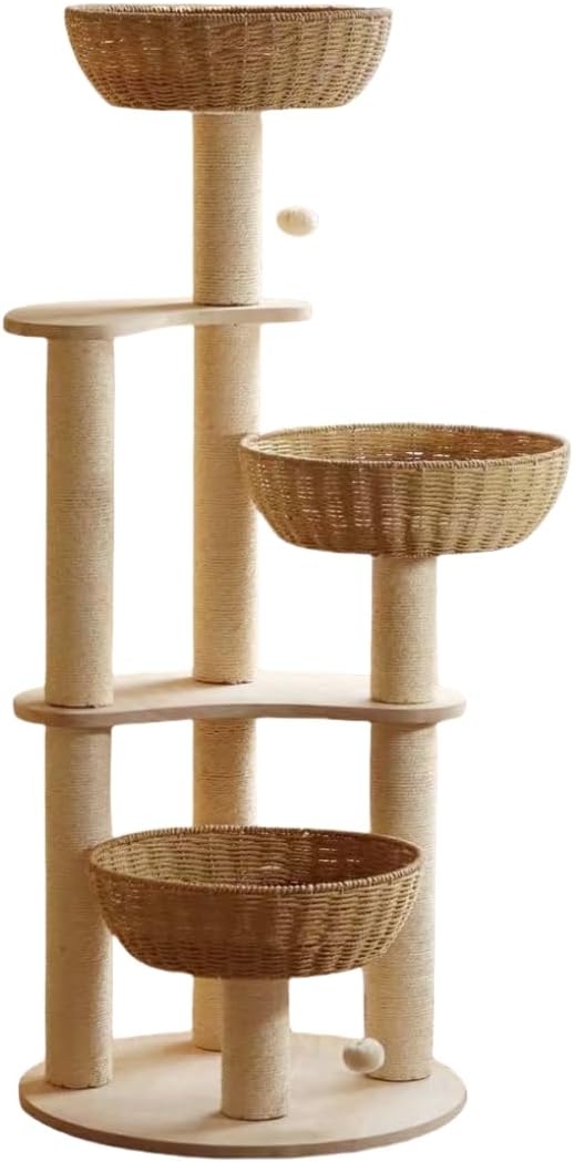 54" Modern Cat Tree for Large Cats, Wood Luxury Multi-Level Oak Solid Wood Cat Trees Cat Towers with 3 Rattan Weaving Cat Nests & Washable Cushions, Sisal Scratching Posts, for Indoor Cats-Lacquered