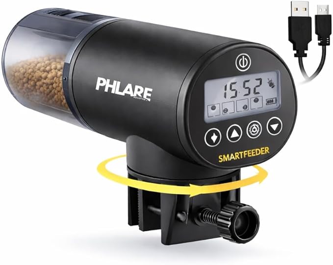 Automatic Fish Feeder for Aquariums - Rechargeable Auto Timer Feeder for Vacation | Fits Flakes & Pellets | 200ml Capacity