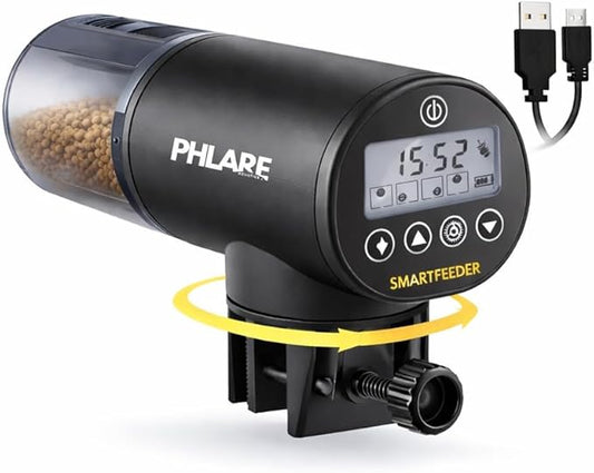 Automatic Fish Feeder for Aquariums - Rechargeable Auto Timer Feeder for Vacation | Fits Flakes & Pellets | 200ml Capacity
