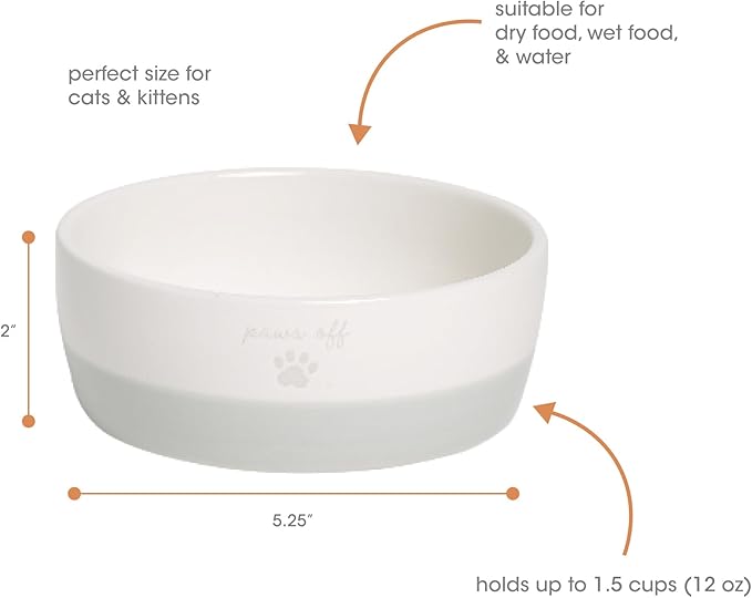 Pearhead Ceramic Paws Off Cat Bowl, Holds 12 oz, Whisker-Friendly Pet Dish for Food and Water, Heavy Non-Slip Base