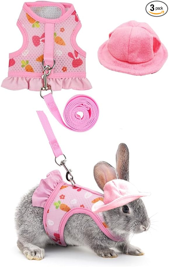 Small Animal Harness Leash & Hat Set - Breathable Mesh, Adjustable Closure - 3 Colors - Escape-Proof Vest for Bunny, Chinchilla, Guinea Pig, Hamster - All-Season