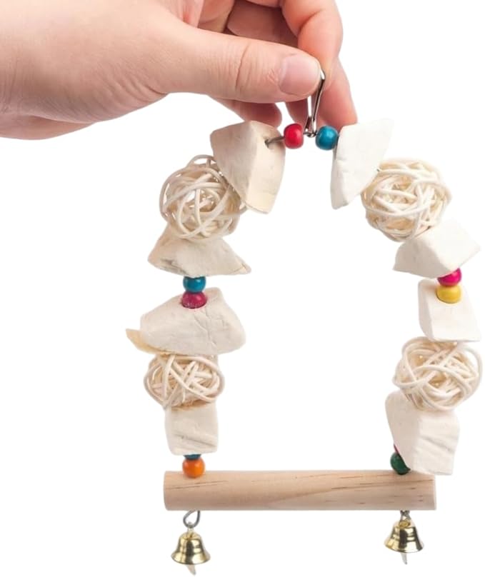 Natural Cuttlebone Bird Swing Toy with Wooden Perch & Wicker Balls – 2-in-1 Calcium Supplement & Chewing Station for Cockatiels, Budgies, Conures, Lovebirds – Safe Wood Beak Grinder Cage Accessory