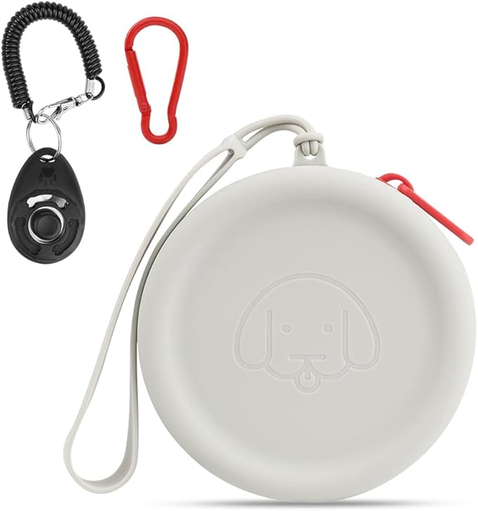 WALLFID Silicone Dog Treat Pouch Small Bag,with Pet Training Clicker,Walking Bag for Dog and Cat, Pocket Size, Easy to Clean, Odorless, Zipper Design,Moisture-Proof,Travel Walking Bag.(Light Grey)