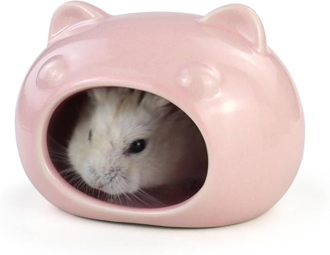 Hamster Ceramic House, Cute Bear Shape Hamsters Summer Cooling Cave for Small Pets Dwarf Mice Gerbils (Pink, S)