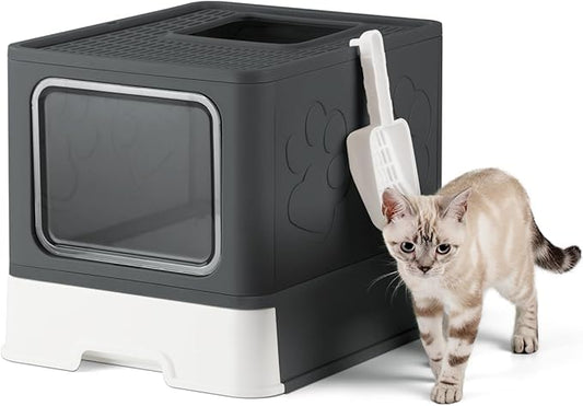 Covered Litter Box, Large Litter Box for Big Cats, Enclosed Cat Litter Boxes with Lid, Top Entry Kitty Litter Box with Scoop, Odor Control, Easy to Clean (Black)