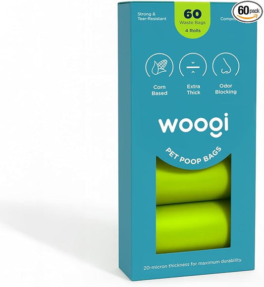 Woogi Biodegradable Dog Poop Bags – 60 Extra Thick & Leakproof Bags (4 Rolls), Eco-Friendly, Compostable Pet Waste Bags Made from Corn Starch, Unscented, Scent Barrier