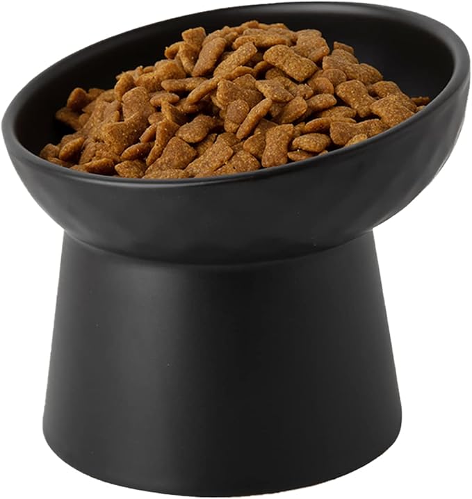 Small Ceramic Raised Cat Bowls, Tilted Elevated Food or Water Bowls, Stress Free, Backflow Prevention, Dishwasher and Microwave Safe, Lead & Cadmium Free(Black)