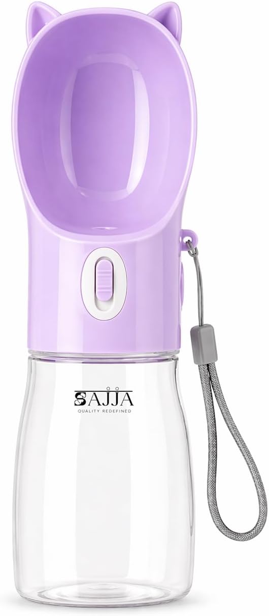 Dog Water Bottle Dispenser 380ml – Leak-Proof Lock, One-Hand Operation | Portable Pet Travel Water Bottle with Built-in Bowl | Purple