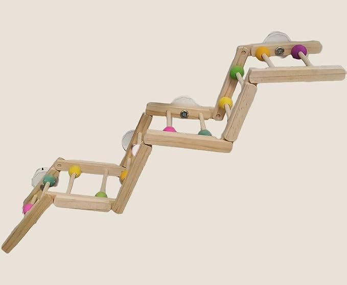 Wooden Bird Ladder Toy, 12 Inch Foldable Hardwood Parrot Climbing Bridge with Colorful Beads, 2 Pack Tri-Section Cage Accessories for Cockatiels, Conures, Lovebirds, 4 Inch Wide