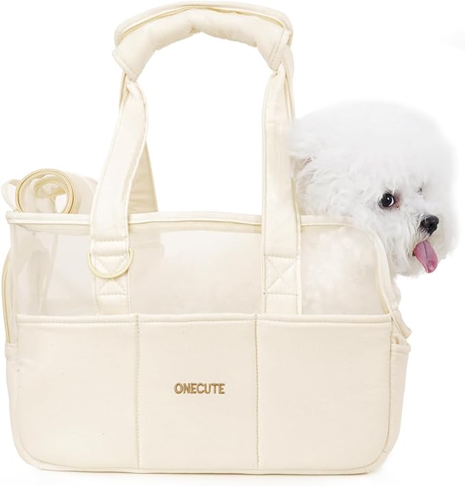 ONECUTE Dog Purse Carrier for Small Dogs Rabbit cat with Large Pockets, Cotton Bag, Dog Carrier Soft Sided, Collapsible Travel Puppy Carrier (Beige Breathable, 13.6" L x 6.5" W x 10.0" H)