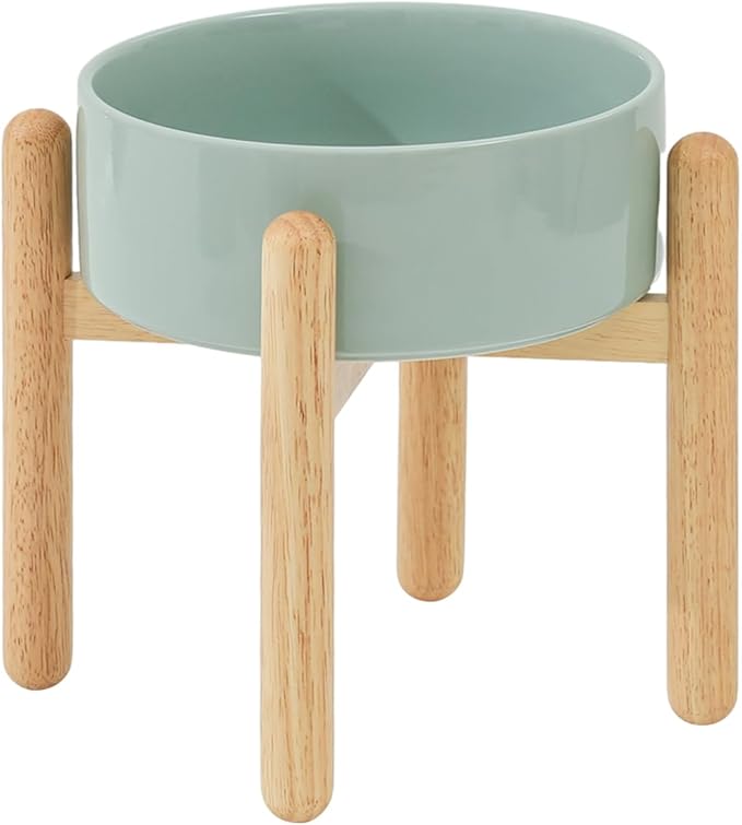 Havniva Ceramic 8.2inch Raised Dog Bowl with Stand for Large - Breed Dogs, Pet Food and Water Feeder(Single Bowl with Stand - Light Green)