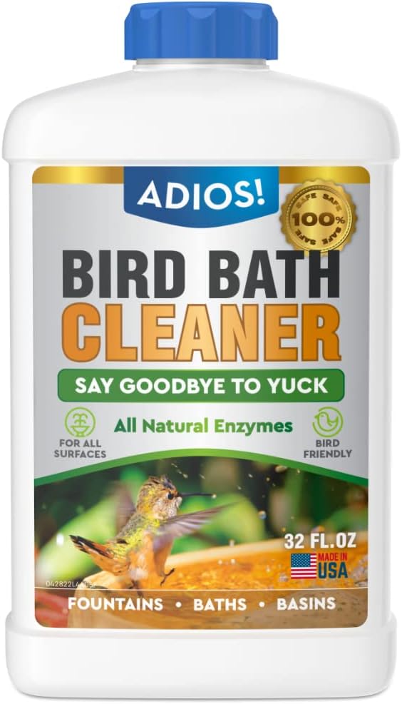 ADIOS! Bird Bath Cleaner for Outdoor Fountains and Bowls, Safely Cleans Metal, Glass and Stone (32oz)