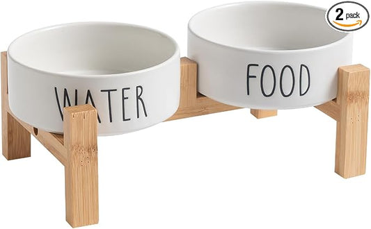 Elevated Ceramic Dog Bowls Set - Food & Water Lettering Raised Dog Bowl with Non-Slip Bamboo Stand for Cats and Small Dogs, Weighted Dogs Dishes Pet Bowls (5.1 inch, 2 * 16oz, White)