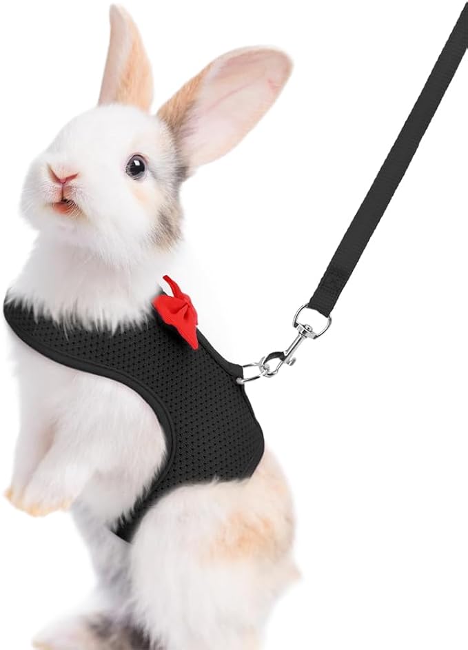 Rabbit Harness and Leash Set, with Cute Bow Soft Breathable Mesh Bunny Vest Harness for Rabbits Kitten Ferret Puppy Small Pets Walking (Black, M)