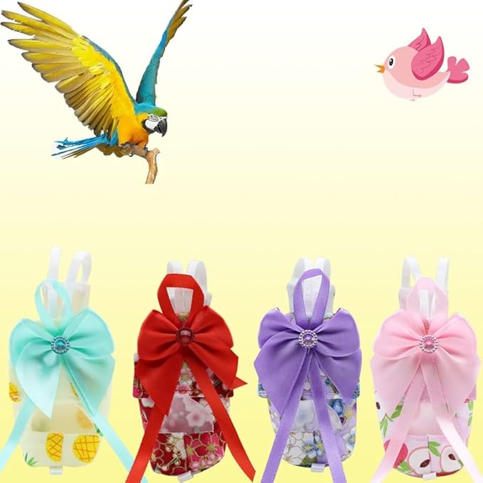 6pcs Bow Bird Diaper Set, Soft Reusable Flight Suit Clothing for Parrots Budgies Cockatiels — Cleaner Indoor Bonding & Training (M)