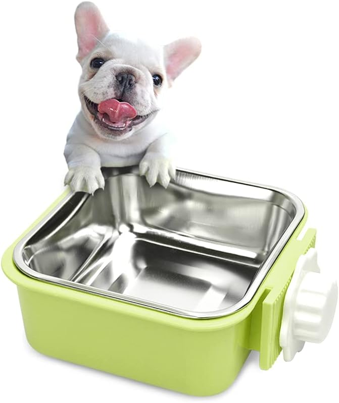 Crate Dog Bowl,Removable Stainless Steel Water Food Feeder Bowls Crate Coop Cup,Pet Cage Bowls with Bolt Holder for Cat, Puppy, Birds, Rats, Rabbits Small Animals ((Blue+Green) Square, Samll)