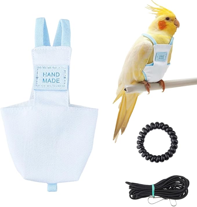 SUPERFINDINGS Snap Closure Parrot Diaper Harness Washable Bird Flight Suit 4.13x2.24x0.35Inch with Adjustable Leash Reusable Leak-Proof Bird Diaper for Small Parrots Cockatiel Travel Training,
