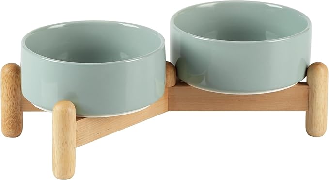 Havniva Ceramic 5.1inch Raised Double Bowls Set with Wooden Stand, Elevated Food & Water Bowls for Small Breed Dogs, Cats, Kitty, Weighted Dog Dishes, Pet Bowls(13.5oz, Light Green)