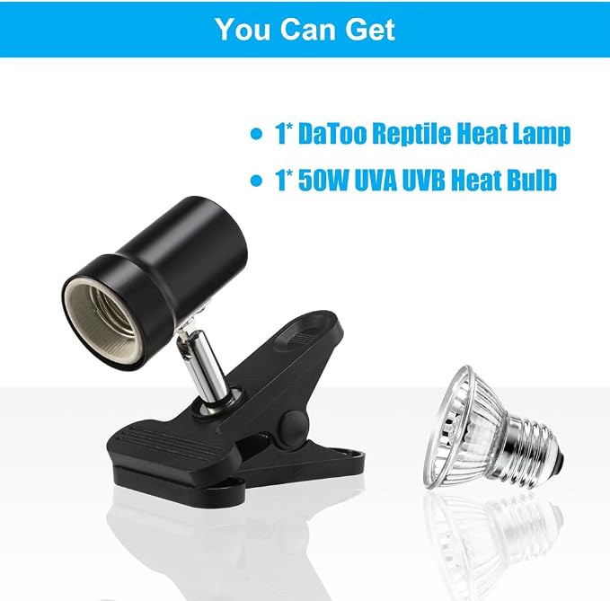 DaToo Reptile Heat Lamp Rotatable Turtle Heating Light with 50W UVA UVB Heat Bulb Simulated Sunlight Basking Spot Lamp with Clamp for Reptiles Lizard Amphibian Bearded Dragon Snake (With Timer&Dimmer)