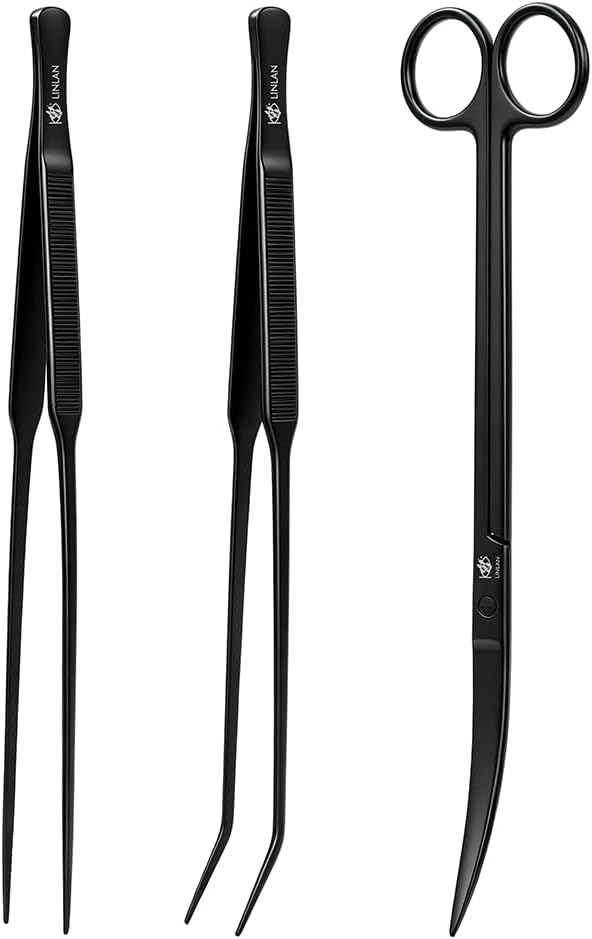 LINLAN 9.8-Inch Aquarium Aquascaping Tool Kit, Fully Rounded Edges Curved Scissors and Tweezers, Carbonized Anti-Rust, for Aquatic Plant Planting, Layering Shaping & Daily Maintenance