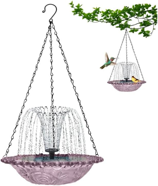 Hanging Solar Bird Bath Fountain with Water Pump, Plastic Basin, 4 Nozzles, Sturdy Metal Chains, Outdoor Garden Decor (Can Spray Water, Pink)