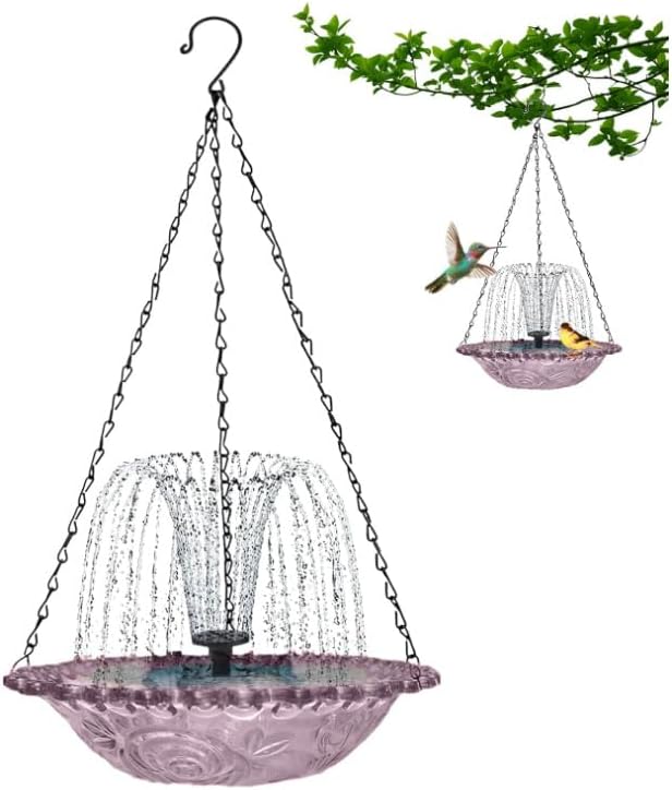 Hanging Solar Bird Bath Fountain with Water Pump, Plastic Basin, 4 Nozzles, Sturdy Metal Chains, Outdoor Garden Decor (Cannot Spray Water, Pink)
