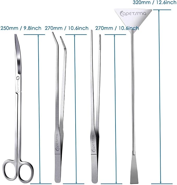 Capetsma Aquascape Long Stainless Steel Plant Tools Set - Aquarium Tweezers, Scissors, Spatula, Algae Scrapers - Fish Tank Cleaning Kit