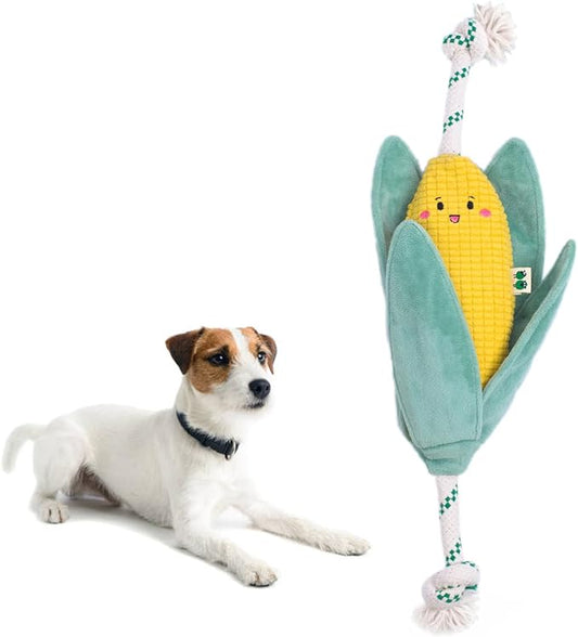 Green Sheep Interactive Plush Dog Toy, No Stuffing Squeaky Toy with Recycled Cotton Rope for Medium to Large Dogs, Corn