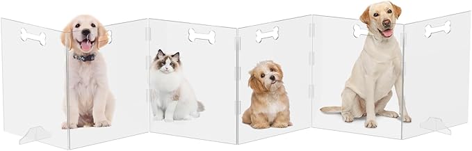 Clear Acrylic Dog Gate, 6 Panel 120" W x 24" H, Transparent Freestanding Pet Playpen Indoor, Foldable Pet Fence Barrier for Doorway with Handle/Support Feet