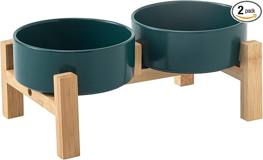 Elevated Ceramic Dog Bowl Set - Raised Dog Bowls with Non Slip Bamboo Stand, Food and Water Bowl Set for Kitty, Cats and Toy Breed Dogs, Pet Bowls, Weighted Dogs Dishes (5.1'', 2*16OZ, Green)