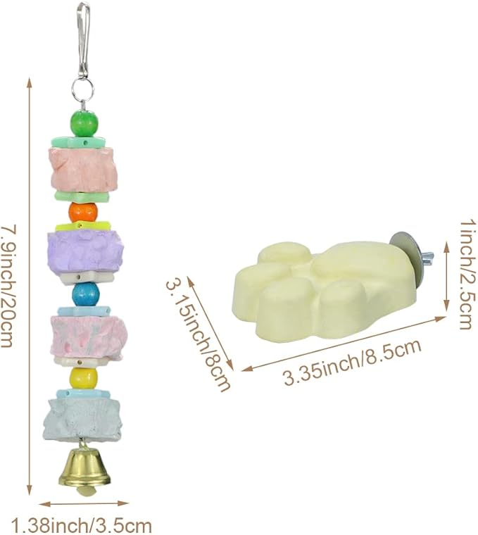 Litewoo Bird Beak Trim Colorful Calcium Stone Parrot Pet Chew Long String Cage Toy with Bell, Chinchilla Grinding Teeth Claw Shape Lava Block for Conure, Budgies, Parakeet, Hamster, Rabbit 2-Pcs