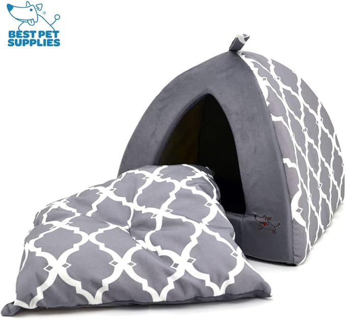 Best Pet Supplies Cat Bed for Indoor Cat, Domed Tent House with Removable Pillow, Covered Cat Cave for Small Dog, Puppies and All Breeds of Cats - Gray Lattice, 19 x 19 x H:19"