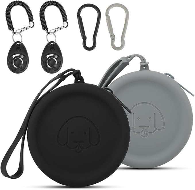 Silicone Dog Treat Pouch, 2PCS Pet Walking Bag for Dog and Cat, Pocket Size, Easy to Clean, Odorless, Zipper Design, Moisture-proof, Portable Training (Dark Gray & Black)