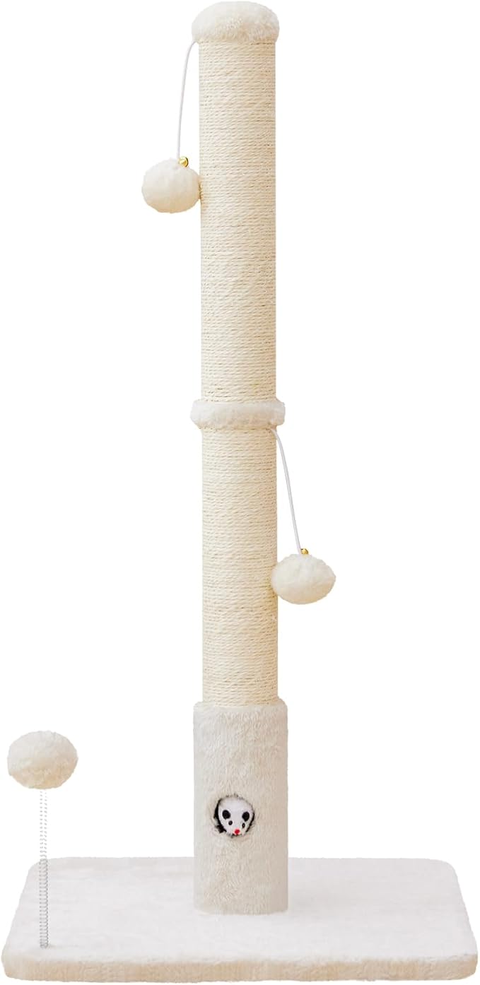 Woochpet Cat Scratching Posts 33" for Adults Cats, Cat Scratcher with Soft Fabric Covering Base and Durable Sisal Rope, Scratcher with Fun Mouse Hole and Cat Toy for Tall Cats (White)
