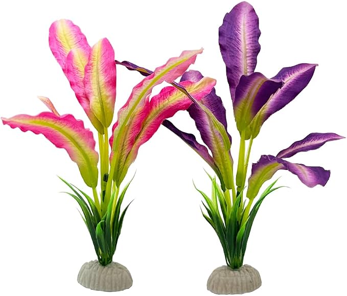 2pcs Set Green Artificial Plant Fish Tank Decor Aquarium Decorations Betta Leaf pad Hammock 8inch Silk/Plastic Plant Goldfish Fish Bowl Small Tank Plants (Purple/Pink-2pcs-Set)