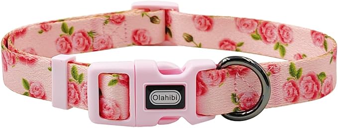 Dog Collar Leash Set, Floral Pattern, Polyester Material, Adjustable Collar and 5ft Matching Leash, for Puppy Dogs.(XS, Pink Rose)