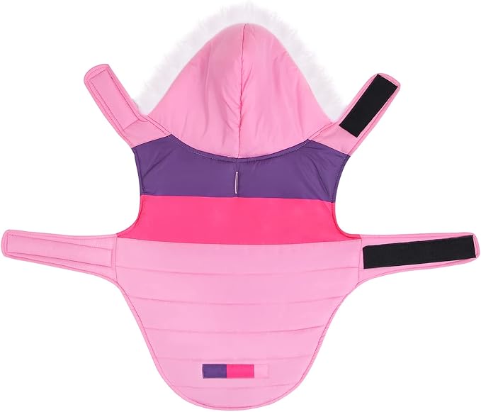 HDE Dog Puffer Jacket Fleece Lined Warm Dog Parka Winter Coat with Harness Hole Pink Stripe - L