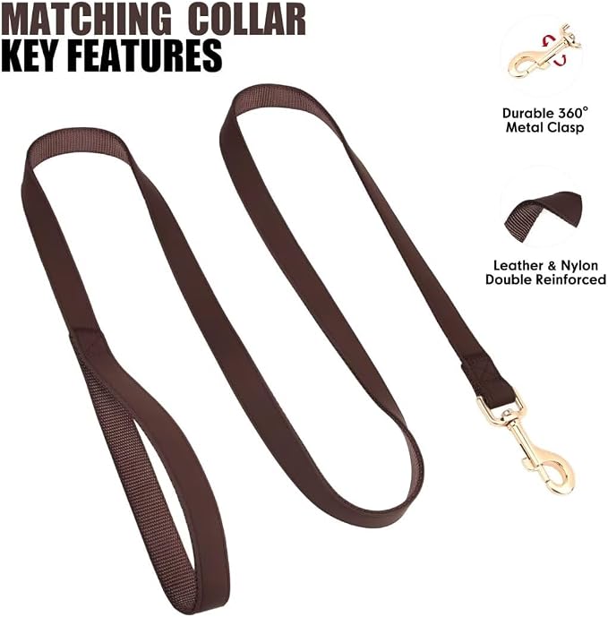 PET ARTIST Soft PU Leather Dog Collar and Leash Set, Bright & Stylish 5FT PU Leather Leash and Collar Set, Durable Pet Collars with Quick Release Metal Buckle for Large Dogs,Brown,L(16-27")