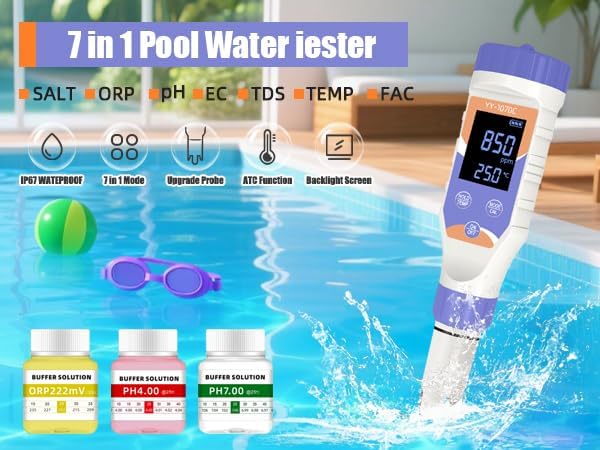 7-in-1 Digital Pool Water Tester, Accurate Chlorine, pH, Salt, ORP, EC, TDS & Temperature Meter for Saltwater Pools, Hot Tubs, Aquariums, Spas & Hydroponics
