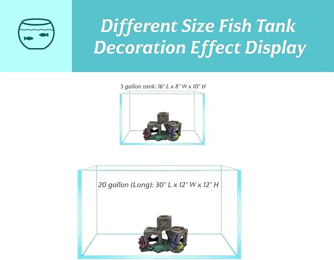 Fish Tank Decorations Hideout for Betta, Shrimp & Guppies – Two-Level Wooden Crate with Realistic Coral, Sponge & Seaweed, Stable Rock Base, Aquarium-Safe Resin - 8.5x4.3x4.9 Inch