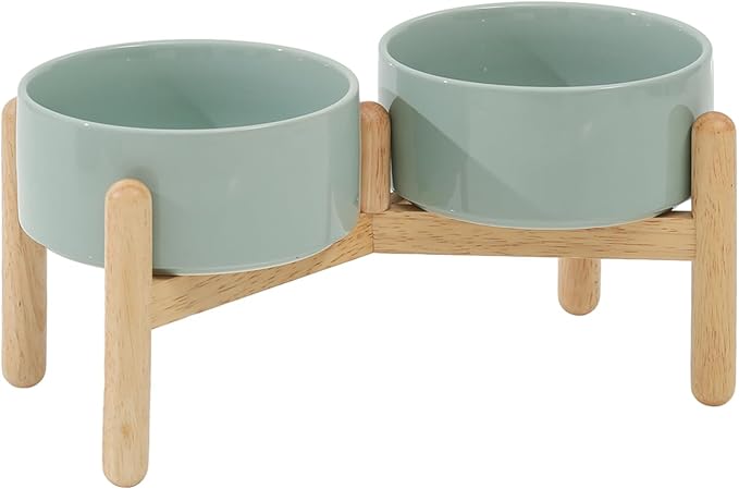 Havniva Ceramic 6.1inch Raised Dog Bowl with Stand for Small and Medium Breed Dog Dish Pet Food and Water Bowl (Double Bowl with Stand - Light Green, 28oz)
