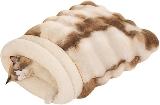 SOMAHE Self-Warming Cat Sleeping Bag, Enclosed Hooded Snuggle Sack with Dual-Side Plush Cat Cave Bed, Portable Foldable Pet Sleeping Pod for Indoor & Travel, Anti-Static, 21.7"x17.7"Coffee White