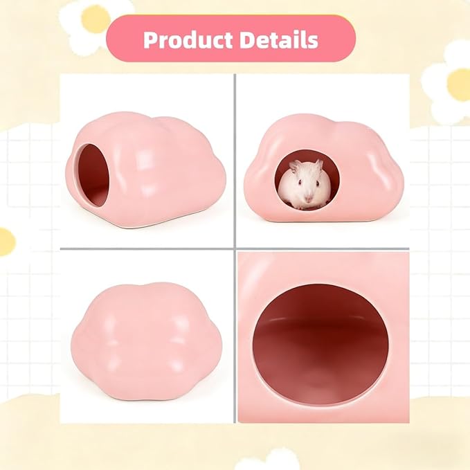 Cloud-Shaped Ceramic Hamster Hideout Cool Summer Cute Guinea Pig Bed House for Dwarf Hamsters, Mices, Gerbils (Pink,XL)
