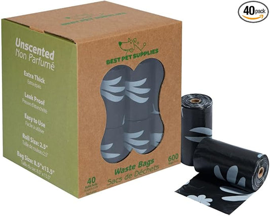 Best Pet Supplies Dog Poop Bags for Waste Refuse Cleanup, Doggy Roll Replacements for Outdoor Puppy Walking and Travel, Leak Proof and Tear Resistant, Thick Plastic - Black (Unscented), 600 Bags