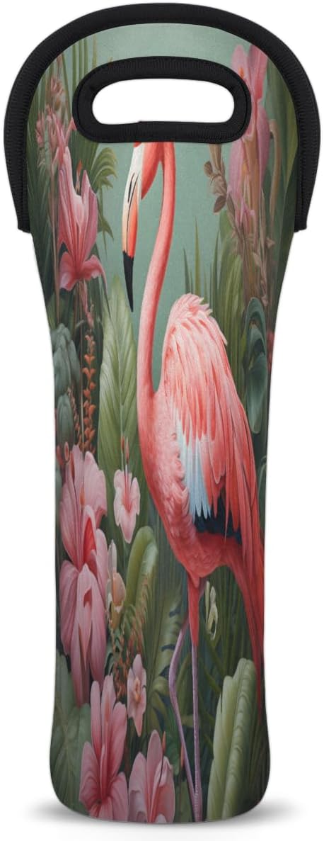 Flamingo Tropical Flowers Wine Bag Single Bottle Wine Tote Bag Neoprene Wine Carrier Bags with Carry Handle Portable Wine Bottle Holder for Travel Party Picnic
