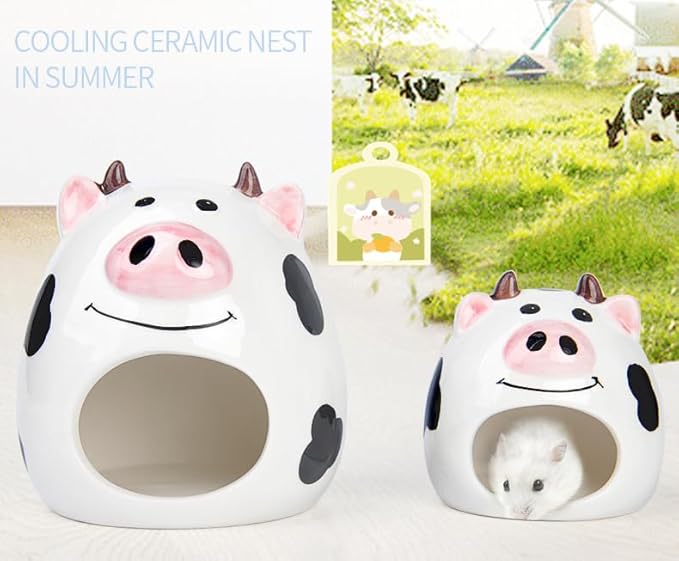 Ceramic Hamster Hideout Hamster House Cool Nest for Gerbil Mice Golden Bear Squirrel Hedgehog Chinchilla Other Small Animals Cute 6.7 inch (Cow)