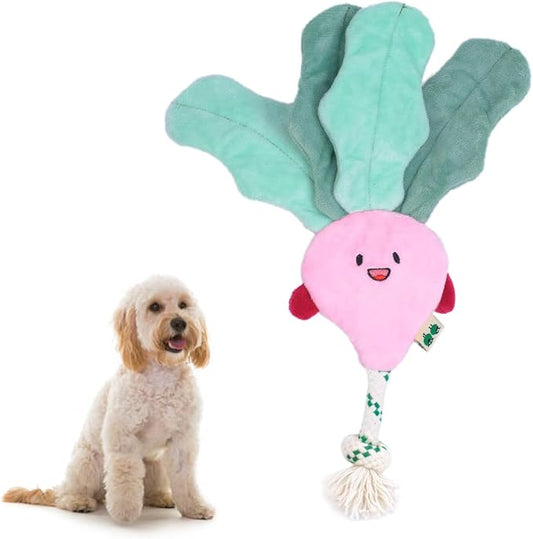 Green Sheep Interactive Plush Dog Toy, No Stuffing Squeaky Toy with Recycled Cotton Rope for Medium to Large Dogs,Radish