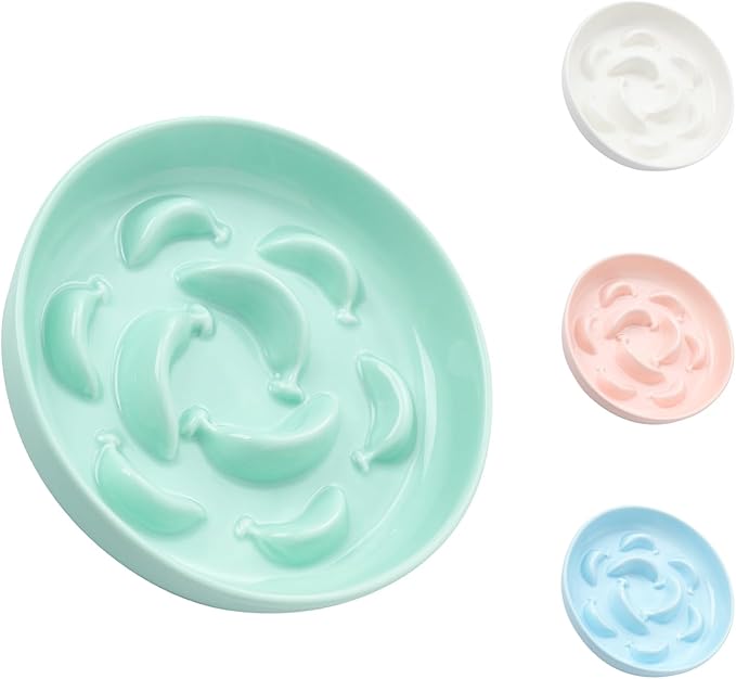 Ceramic Cat Slow Feeder Bowl - 6.3'' Wide Opening Whisker Friendly Cat Plate for Dry and Wet Food - Cute Maze Feeder Dish Helps Reduce Vomiting - Microwave and Dishwasher Safe - Green
