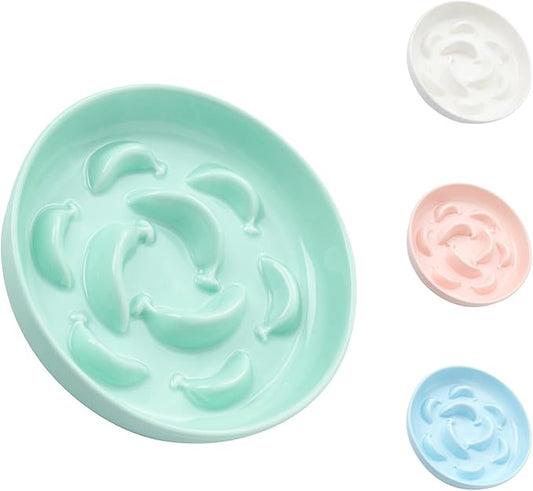 Ceramic Cat Slow Feeder Bowl - 6.3'' Wide Opening Whisker Friendly Cat Plate for Dry and Wet Food - Cute Maze Feeder Dish Helps Reduce Vomiting - Microwave and Dishwasher Safe - Green
